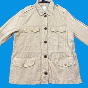 Gap Womens Beige Linen-Blend Utility Jacket Button Front Flap Pockets Size M